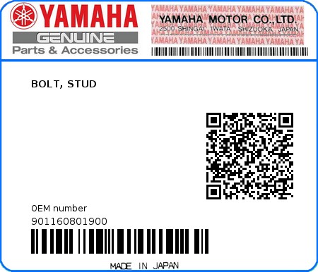 Product image: Yamaha - 901160801900 - BOLT, STUD  0