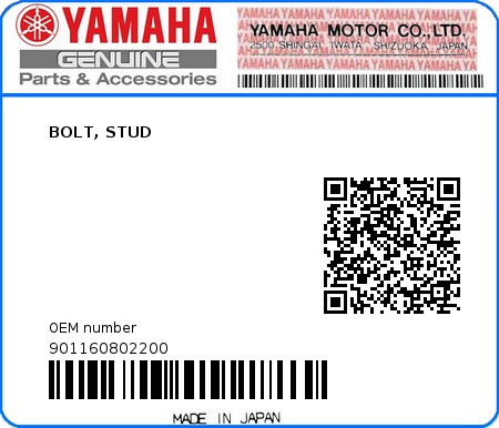 Product image: Yamaha - 901160802200 - BOLT, STUD 