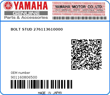 Product image: Yamaha - 901160806500 - BOLT STUD 276113610000 