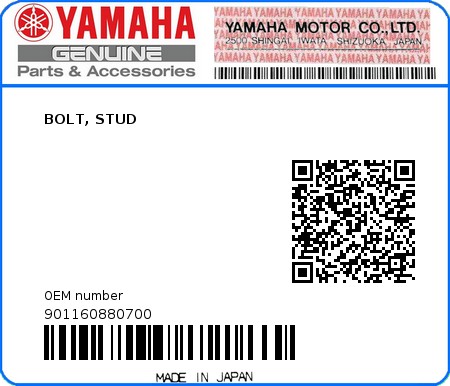 Product image: Yamaha - 901160880700 - BOLT, STUD  0