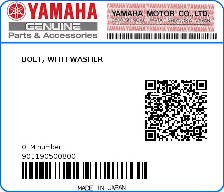 Product image: Yamaha - 901190500800 - BOLT, WITH WASHER 