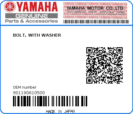 Product image: Yamaha - 901190610500 - BOLT, WITH WASHER  0