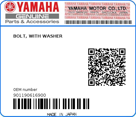 Product image: Yamaha - 901190616900 - BOLT, WITH WASHER 