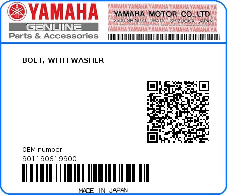 Product image: Yamaha - 901190619900 - BOLT, WITH WASHER 