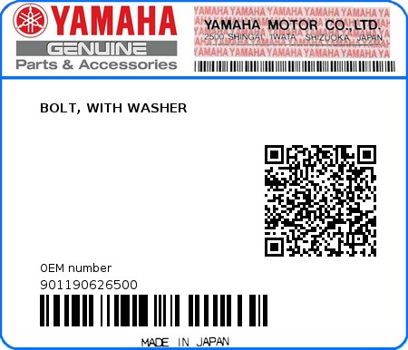 Product image: Yamaha - 901190626500 - BOLT, WITH WASHER 