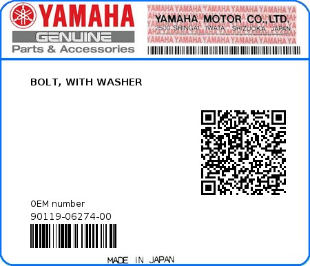 Product image: Yamaha - 90119-06274-00 - BOLT, WITH WASHER 