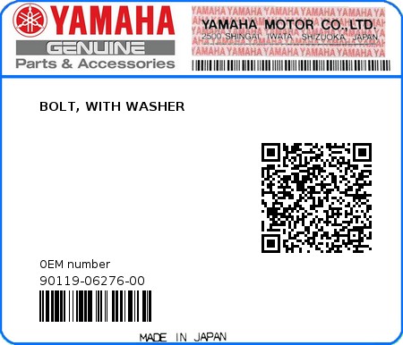 Product image: Yamaha - 90119-06276-00 - BOLT, WITH WASHER 