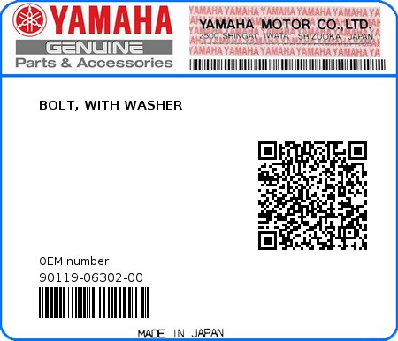 Product image: Yamaha - 90119-06302-00 - BOLT, WITH WASHER 