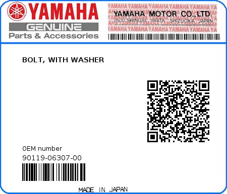 Product image: Yamaha - 90119-06307-00 - BOLT, WITH WASHER  0