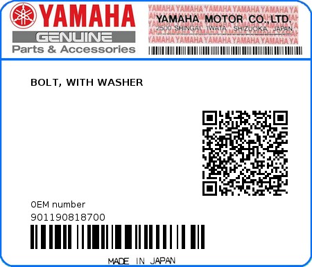 Product image: Yamaha - 901190818700 - BOLT, WITH WASHER  0