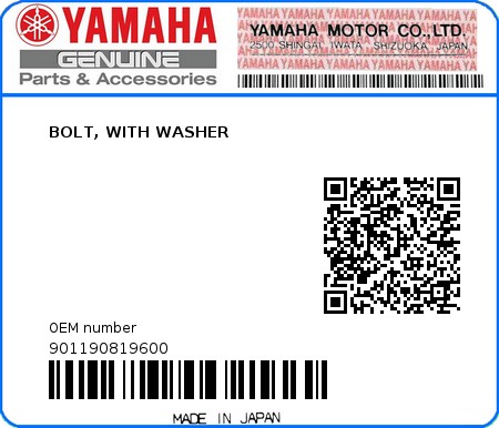 Product image: Yamaha - 901190819600 - BOLT, WITH WASHER 