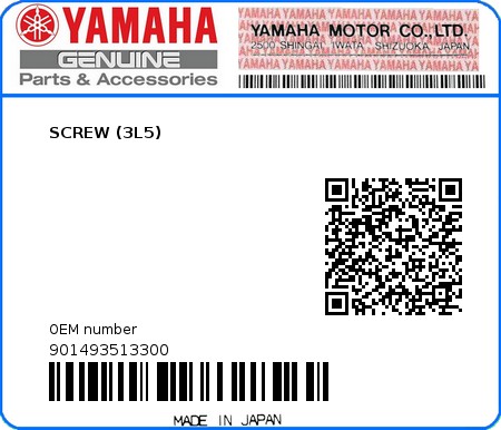 Product image: Yamaha - 901493513300 - SCREW (3L5) 