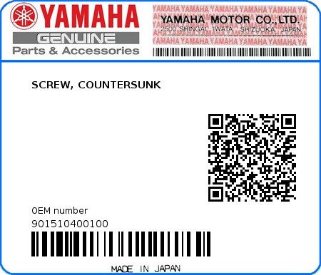 Product image: Yamaha - 901510400100 - SCREW, COUNTERSUNK 