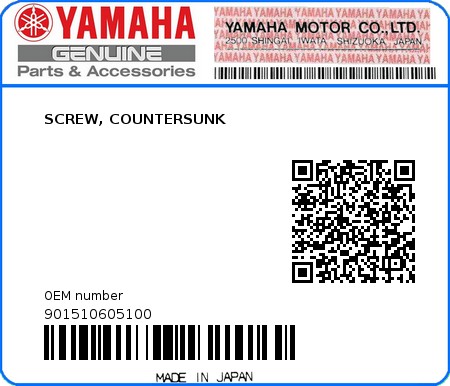 Product image: Yamaha - 901510605100 - SCREW, COUNTERSUNK  0