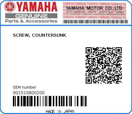 Product image: Yamaha - 901510800200 - SCREW, COUNTERSUNK 