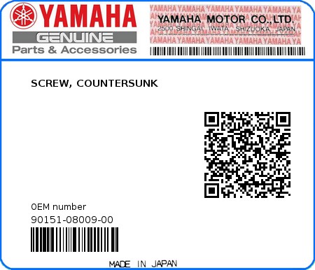 Product image: Yamaha - 90151-08009-00 - SCREW, COUNTERSUNK 