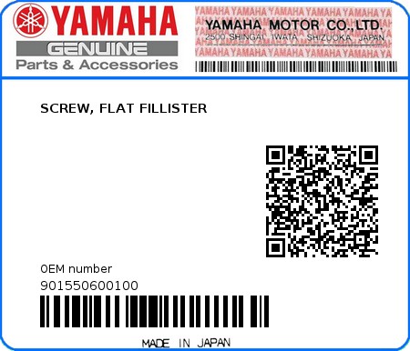 Product image: Yamaha - 901550600100 - SCREW, FLAT FILLISTER 