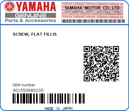 Product image: Yamaha - 901550680200 - SCREW, FLAT FILLIS 