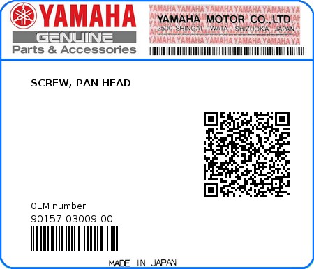 Product image: Yamaha - 90157-03009-00 - SCREW, PAN HEAD 