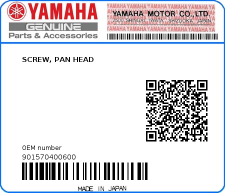 Product image: Yamaha - 901570400600 - SCREW, PAN HEAD  0