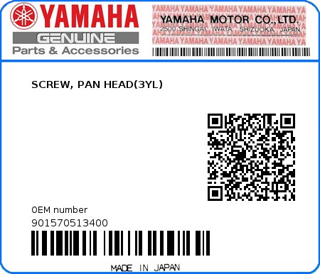 Product image: Yamaha - 901570513400 - SCREW, PAN HEAD(3YL)  0