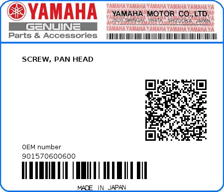 Product image: Yamaha - 901570600600 - SCREW, PAN HEAD  0