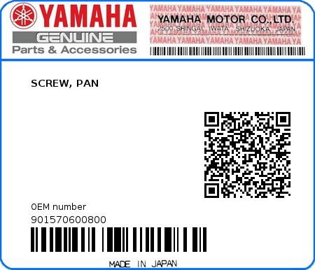 Product image: Yamaha - 901570600800 - SCREW, PAN  0