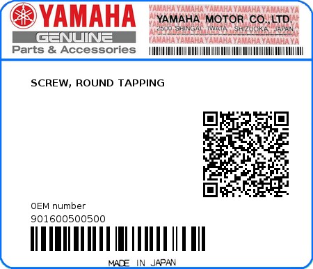 Product image: Yamaha - 901600500500 - SCREW, ROUND TAPPING  0