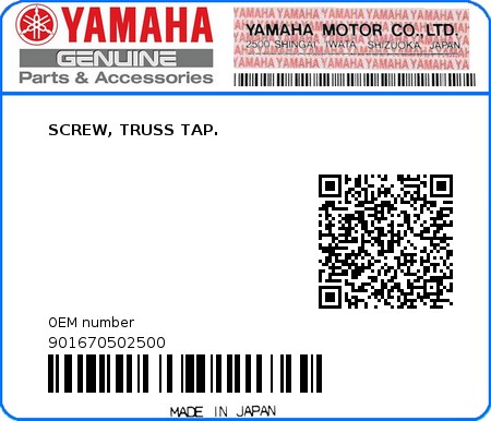 Product image: Yamaha - 901670502500 - SCREW, TRUSS TAP.  0