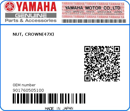 Product image: Yamaha - 901760505100 - NUT, CROWN(47X) 