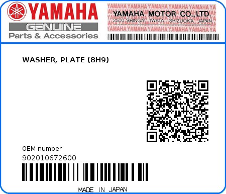 Product image: Yamaha - 902010672600 - WASHER, PLATE (8H9)  0