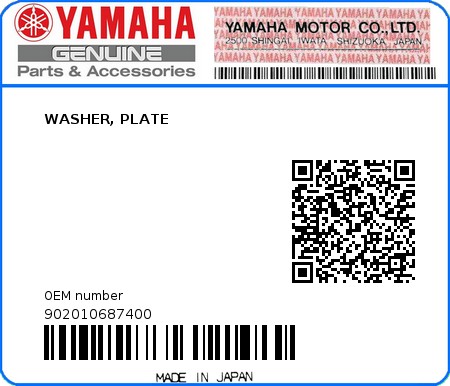 Product image: Yamaha - 902010687400 - WASHER, PLATE 