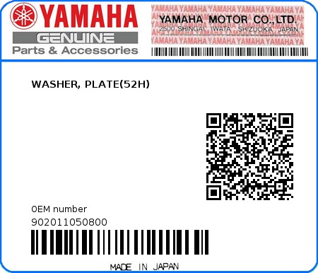 Product image: Yamaha - 902011050800 - WASHER, PLATE(52H) 