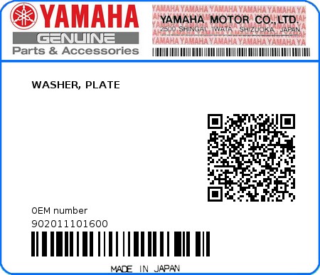 Product image: Yamaha - 902011101600 - WASHER, PLATE 