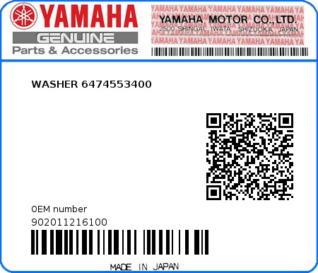 Product image: Yamaha - 902011216100 - WASHER 6474553400  0