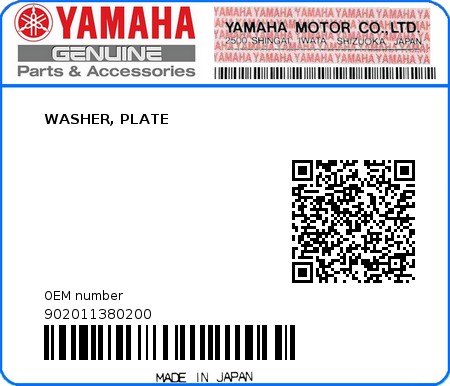 Product image: Yamaha - 902011380200 - WASHER, PLATE  0