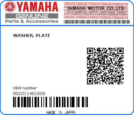 Product image: Yamaha - 902011401600 - WASHER, PLATE 