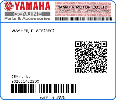 Product image: Yamaha - 902011422200 - WASHER, PLATE(3FC)  0