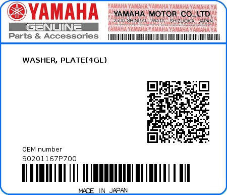 Product image: Yamaha - 90201167P700 - WASHER, PLATE(4GL)  0