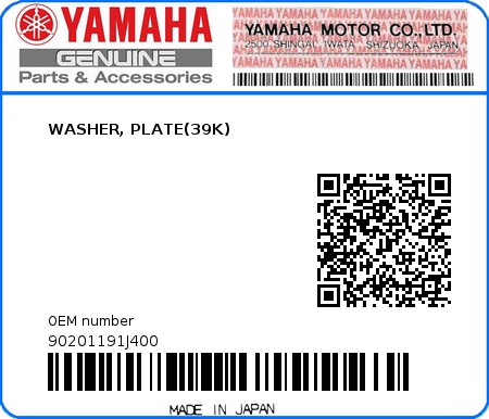 Product image: Yamaha - 90201191J400 - WASHER, PLATE(39K)  0