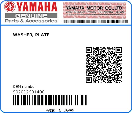 Product image: Yamaha - 902012601400 - WASHER, PLATE 