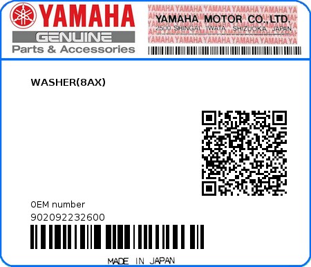 Product image: Yamaha - 902092232600 - WASHER(8AX)  0