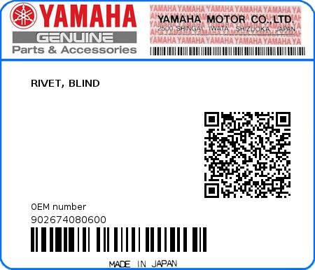 Product image: Yamaha - 902674080600 - RIVET, BLIND  0