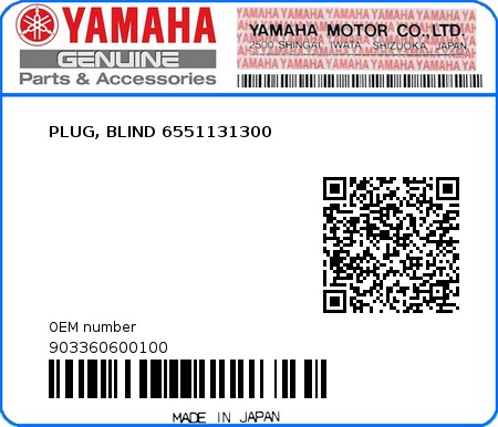 Product image: Yamaha - 903360600100 - PLUG, BLIND 6551131300 