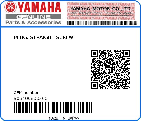 Product image: Yamaha - 903400800200 - PLUG, STRAIGHT SCREW 