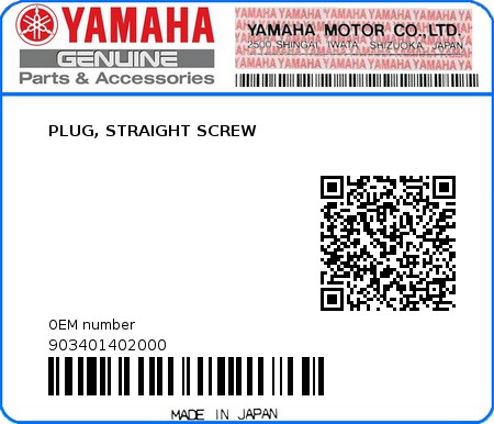 Product image: Yamaha - 903401402000 - PLUG, STRAIGHT SCREW 