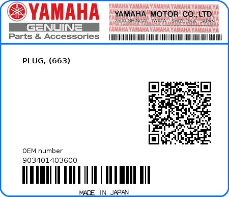 Product image: Yamaha - 903401403600 - PLUG, (663) 