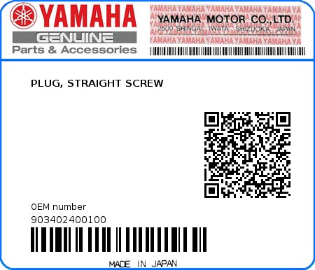 Product image: Yamaha - 903402400100 - PLUG, STRAIGHT SCREW 