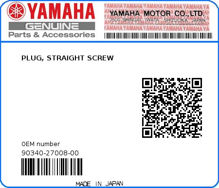 Product image: Yamaha - 90340-27008-00 - PLUG, STRAIGHT SCREW 