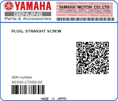 Product image: Yamaha - 90340-27009-00 - PLUG, STRAIGHT SCREW 